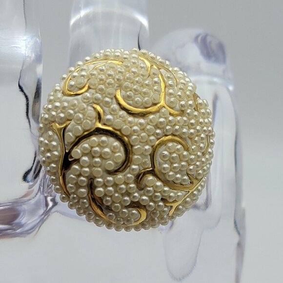 Steeltime Jewelry - Vintage STEELTIME Gold  Stainless White Faux Pearl Cluster Cocktail Ring Size 7